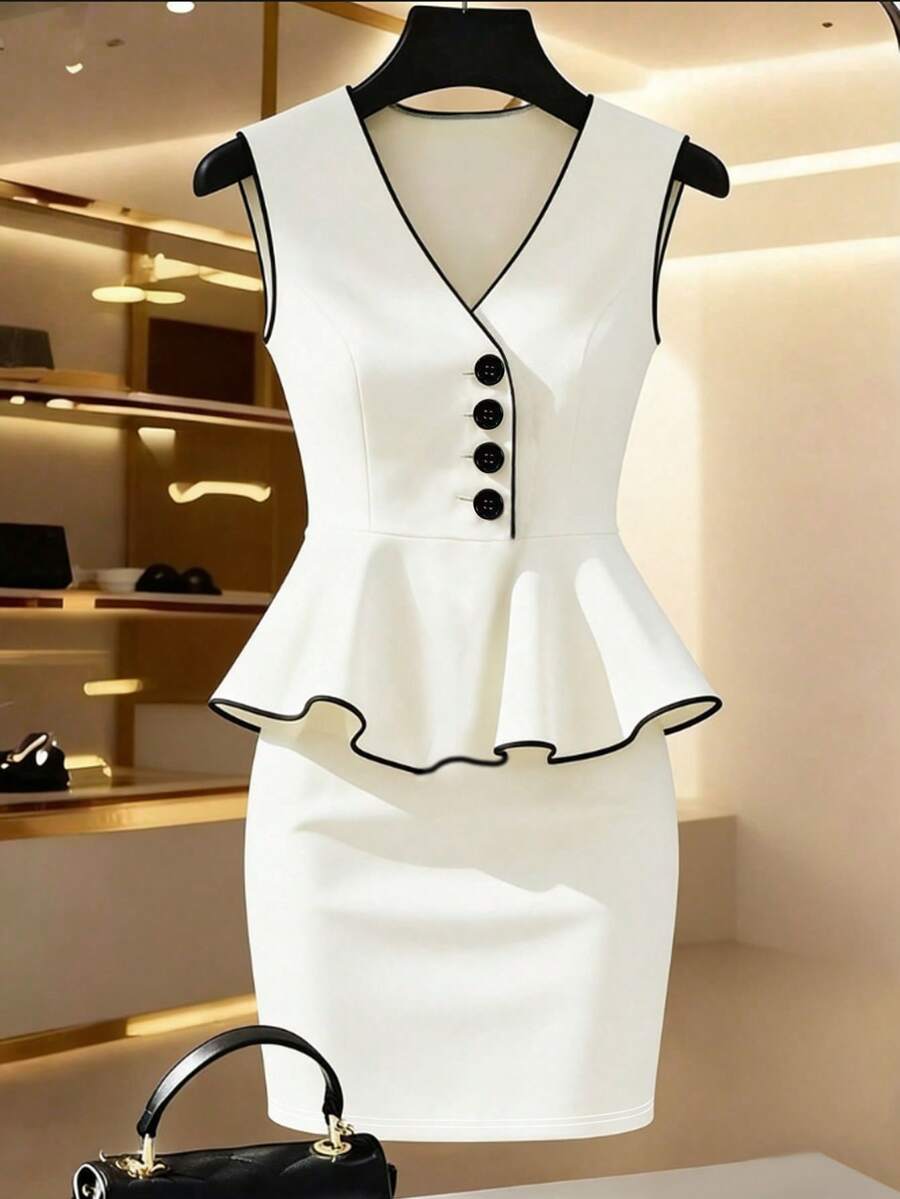 SHEIN PETITE Conjunto de 2 piezas elegante de verano para oficina en blanco y negro para mujer, top sin mangas con cuello en V, botones asimétricos, volantes en el bajo y peplum, y minifalda ajustada, vestido de estilo clásico para mujeres petite - Blanco y Negro - Ver 1