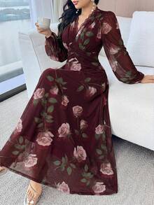 Modelyn Women's Floral Print Lace Trim Ruffle Elegant Waist Cinched Long Party Dress - Burgundy - View 4