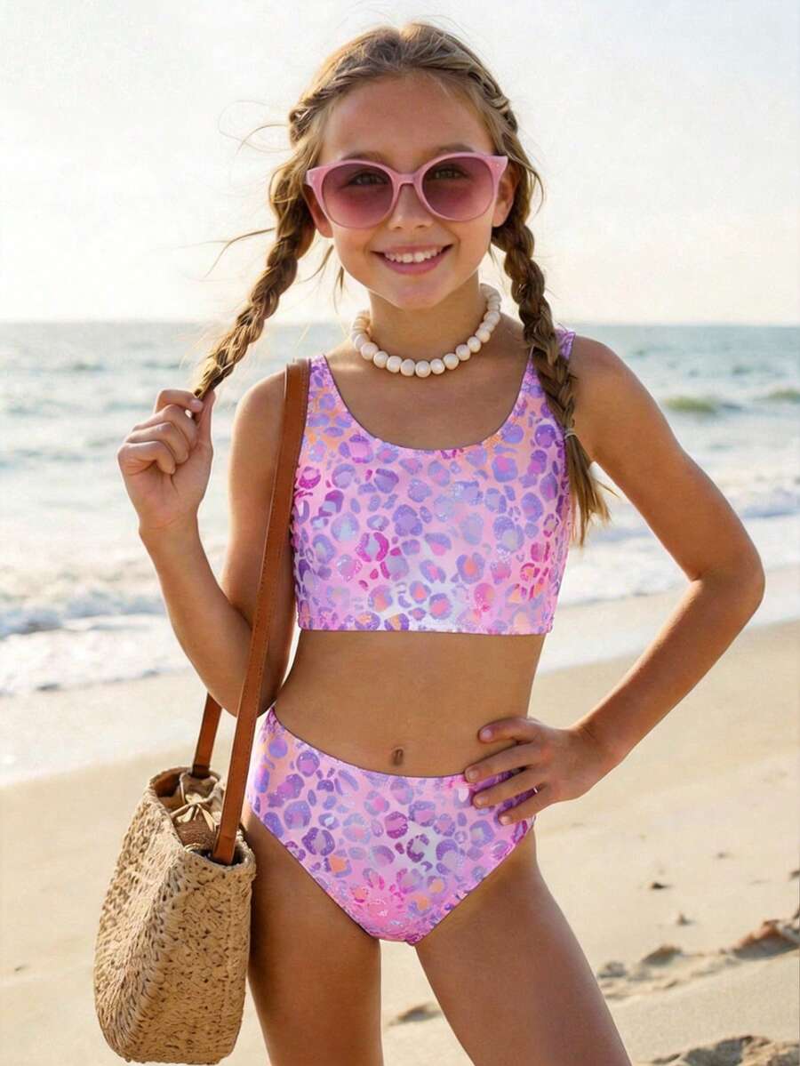 少女休闲简约印花吊带背心和三角比基尼泳衣套装,适合夏季穿着 - 彩色 - 查看 1