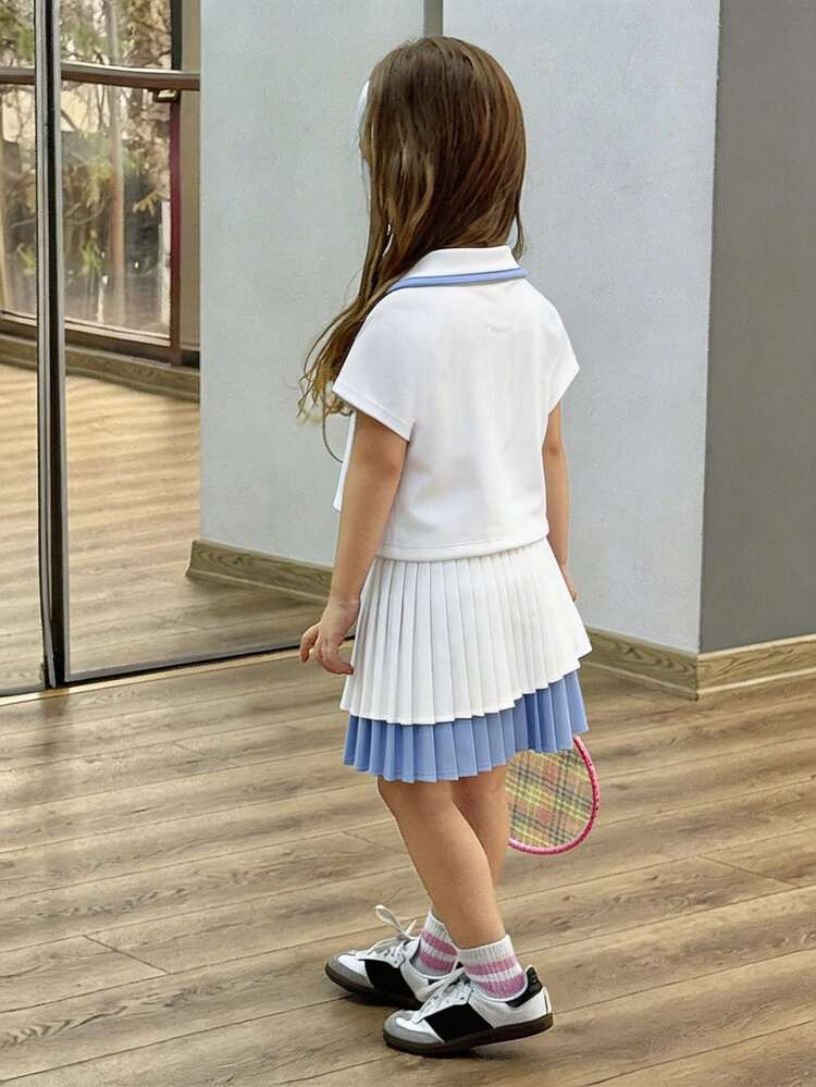 Girls Young Girl Summer Polo Collar Short Sleeve Top And Skirt Sports Outfit