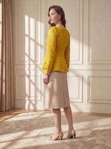 Suri Mira Minimalist Jacquard Woven Yellow Long Sleeve Blouse, Versatile For Commute, Date, Office, Church, Back To School, Teacher - Yellow - View 2