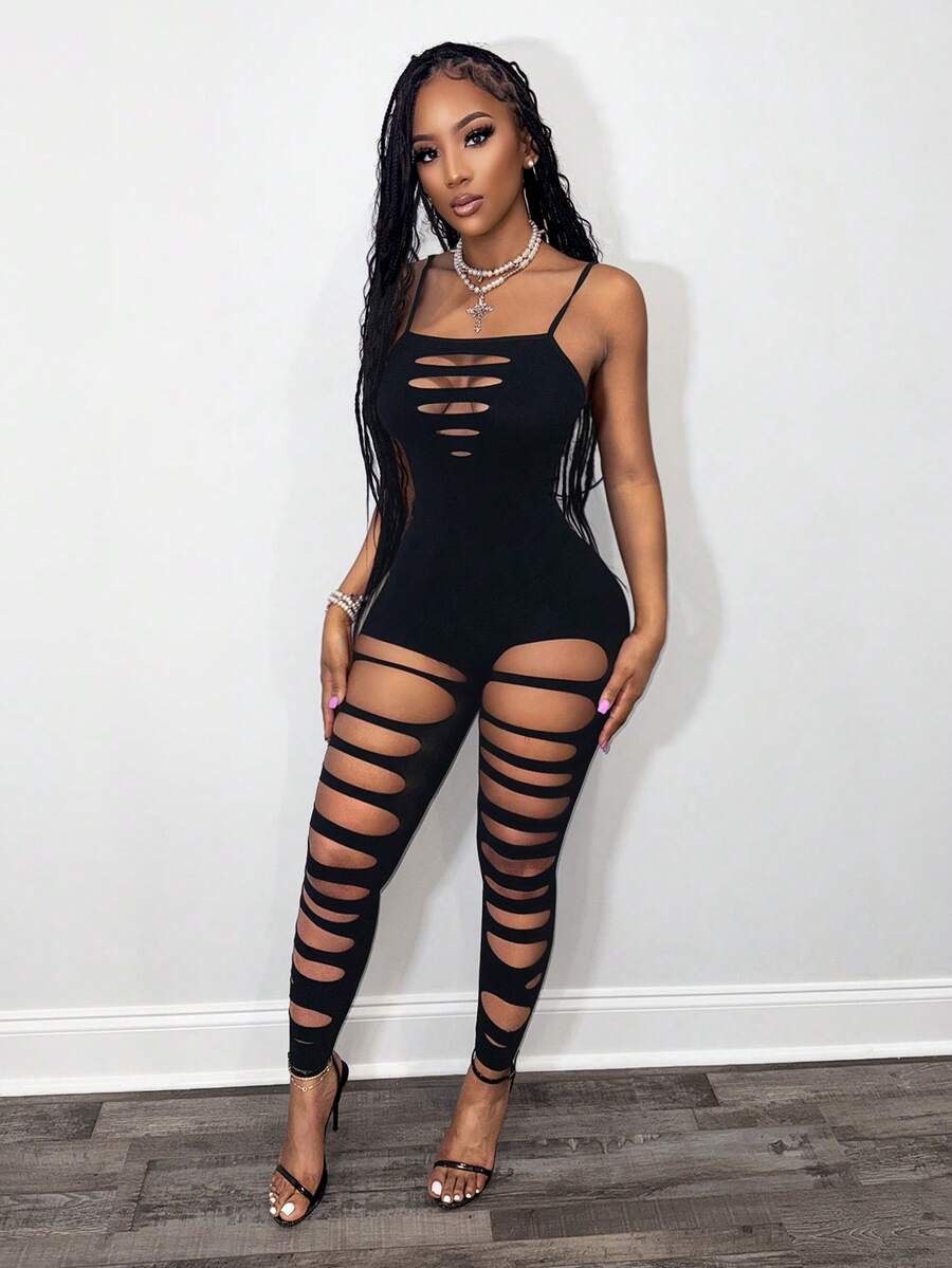BamGleam 女士性感镂空网纱透视连体裤 - 黑色 - 查看 1