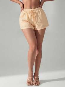 SHEIN PETITE Quần short nữ kẻ sọc cạp thấp, thích hợp cho kỳ nghỉ hè và đi biển. - Màu vàng - Xem 3