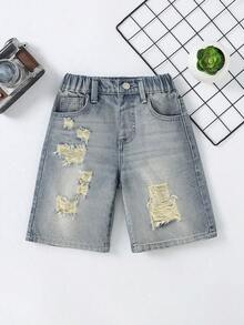 Kleine Jungen Jeans Shorts, Sommer Bestseller, mittelblauer Jeans Farbton, Y2K Collegiate Streetwear Stil, vielseitig, markantes abgenutztes Design, bequeme Baumwolle, geeignet für Outdoor, Schule, Pendeln, Party, Schulanfang 2026 Neuheit - Mittele Waschung - Übersicht 1