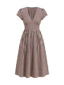 Ellevyn 女士舒适格子中长连衣裙，带口袋，夏季 - 咖啡 - 查看 6