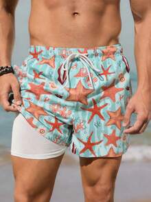 Manfinity RSRT Quần short đi biển nam kiểu dáng nghỉ dưỡng trên đảo, in hình sao biển, lót lụa sữa, quần bơi nam in hình ngôi sao, quần short đi biển nam, quần bơi nam đồng bộ, đồ đi biển nam cho kỳ nghỉ, đồ bơi nam họa tiết hoa, quần bơi hình sao biển. - Nhiều màu - Xem 2
