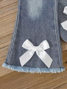 SHEIN Playful Pals 2件套 女童圆领短袖3D蝴蝶结灯笼袖T恤+弹力腰牛仔蓝阔腿裤 休闲时尚套装，夏季新品 - 淺藍色 - 查看 7