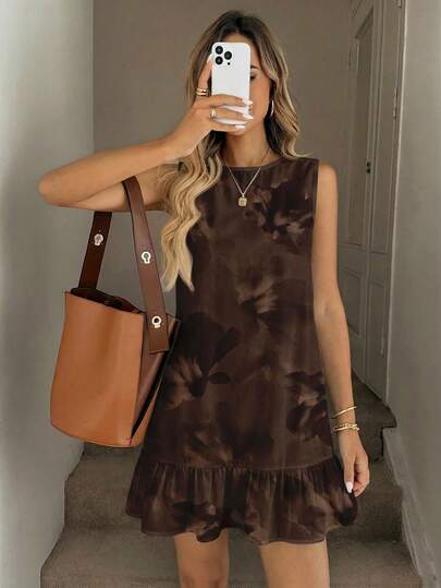 Easowa Women's Retro Brown Floral Print Mini Dress, Suitable For Spring/Summer, Suitable For Outings, Beach, Travel, Party, Wedding,Summer Dresses For Women