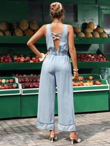 Breezaya Bộ áo liền quần denim hở lưng dành cho nữ, thích hợp cho kỳ nghỉ hè. - Rửa nhẹ - Xem 2