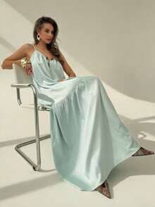 Rafferiza 女士不对称U领露背长裙，适合夏季海滩度假 - 綠色 - 查看 4