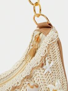 SHECARRY A Set Of Floral Crocheted Beach Handbags And Accessories, Stylish Personalized Beach Resort Style Shell Lace Lady Messenger Bag - Shoulder bag chain sticker lace lily pearl - View 6