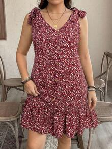 SHEIN LUNE 大码女式碎花打结露肩休闲夏季连衣裙 波西米亚风夏季装扮 复古波西米亚风夏季穿搭 春假狂欢派对穿搭 春假穿搭 - 紅色 - 查看 1