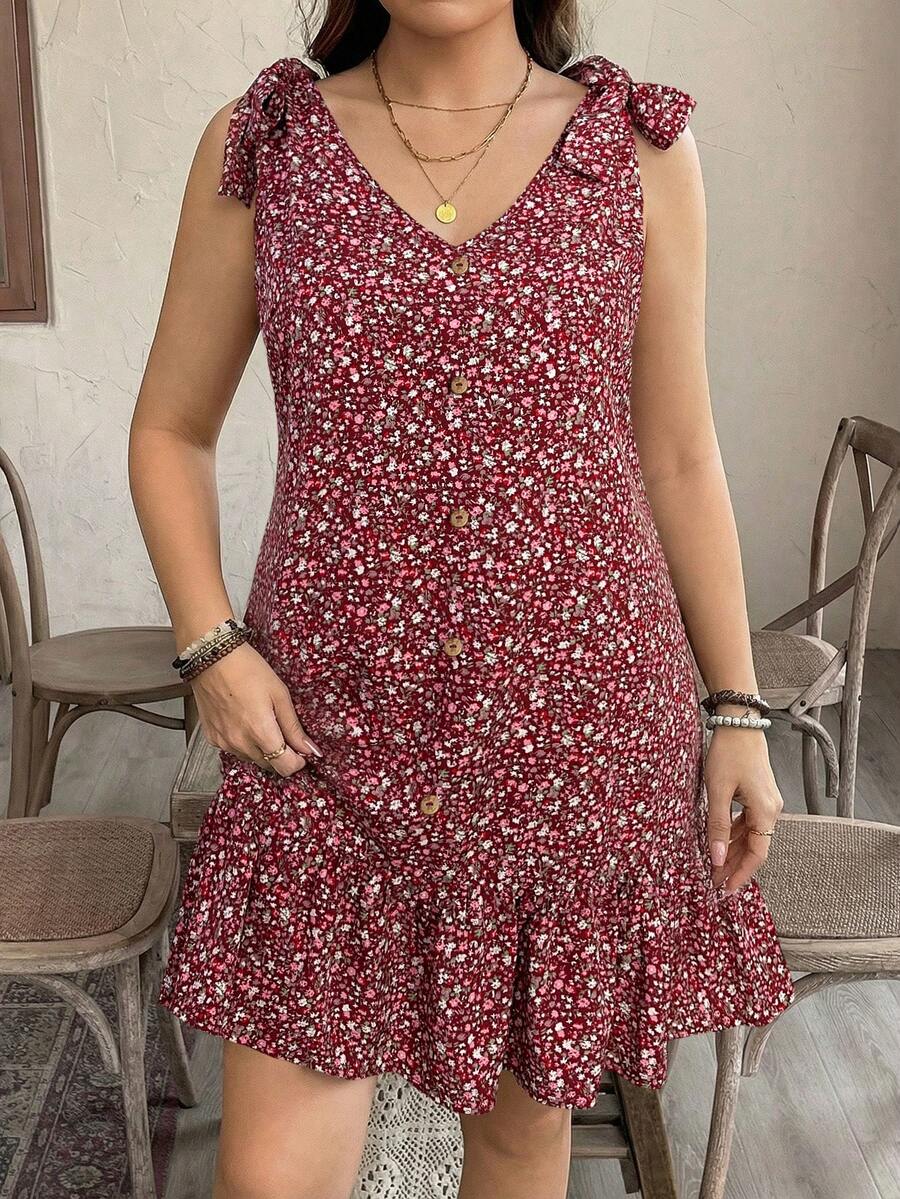 SHEIN LUNE 大码女式碎花打结露肩休闲夏季连衣裙 波西米亚风夏季装扮 复古波西米亚风夏季穿搭 春假狂欢派对穿搭 春假穿搭 - 紅色 - 查看 1