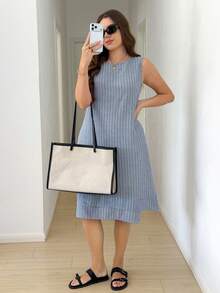 Easowa Curve Đầm kẻ sọc không tay dáng rộng mùa hè cỡ lớn - Nhiều màu - Xem 1