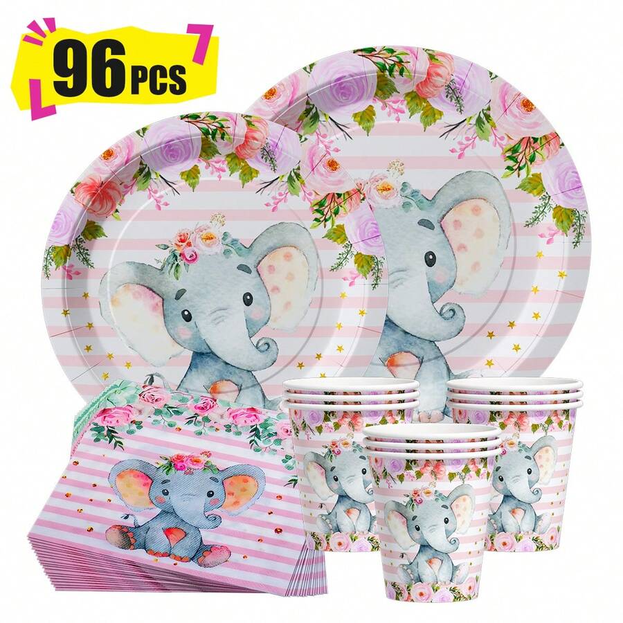 Bộ đồ dùng tiệc dùng một lần hình voi hồng và hoa, gồm đĩa, khăn ăn và cốc, phục vụ 24 người, thích hợp cho sinh nhật, đám cưới, tiệc theo chủ đề, dã ngoại gia đình. - Xem 1