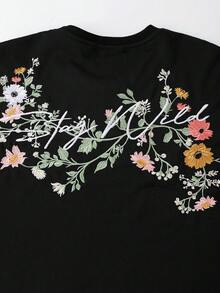 ROMWE MEN 男士花卉刺绣宽松圆领短袖T恤，休闲夏季款 - 黑色 - 查看 2