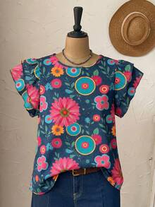 EMERY ROSE Floral Print Plus Size Shirt, Suitable For Vacation And Party Outfits - Multicolor - View 3