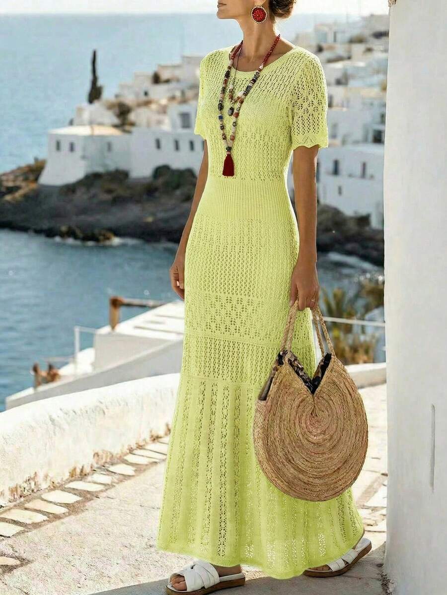 Breezaya 2026春夏新款欧美风性感修身腰部休闲度假日常户外女士浪漫海滩派对晚宴海边针织米色女式毛衣连衣裙，镂空慵懒舒适 - 青檸色 - 查看 1