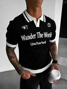 Manfinity EMRG Camiseta de punto casual de manga corta con gráfico de eslogan para hombre - Negro - Ver 4