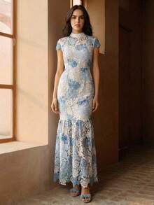 Anewsta Blue & White Contrast Color Lace Mermaid Hem Bodycon Dress - Blue and White - View 5