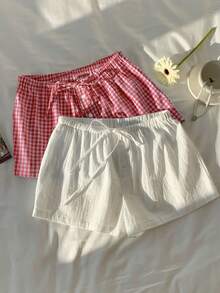 Comfortcana Women's Cute Red And White Checkered Linen Shorts 2 Pieces Set, Summer Home, Spring Vacation Beach Wear, Comfortable Plaid Drawstring Shorts - Multicolor - View 3