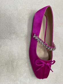 MOTF Zapatos planos vintage cómodos y casuales con detalles de strass y decoración de lazo - Rosa Fucsia - Ver 8