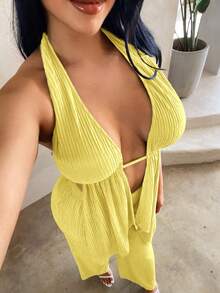 SHEIN SXY 沙滩度假纯色纹理露背吊带背心和裤子套装 - 黃色 - 查看 3