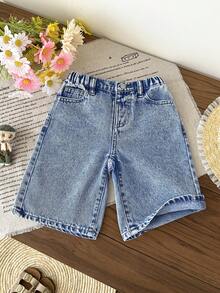 SHEIN Young Girl Cherry Pattern Pocket Casual Denim Shorts - Medium Wash - View 8