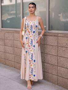Andrea Bello Floral Print Patchwork Sleeveless Dress Floral Formal Dress Long Dress Summer Garden Party Formal Dress Sundress Long Fashionable Dresses - Multicolor - View 5