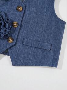 SHEIN Bộ đồ 2 món cho bé gái, thanh lịch, dễ thương, màu mơ, họa tiết hoa, gồm áo hai dây và chân váy xếp ly. - Màu xanh lam - Xem 8