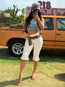 SHEIN EZwear 女士纯色褶皱休闲百搭日常短裤 - 淡黃色 - 查看 5