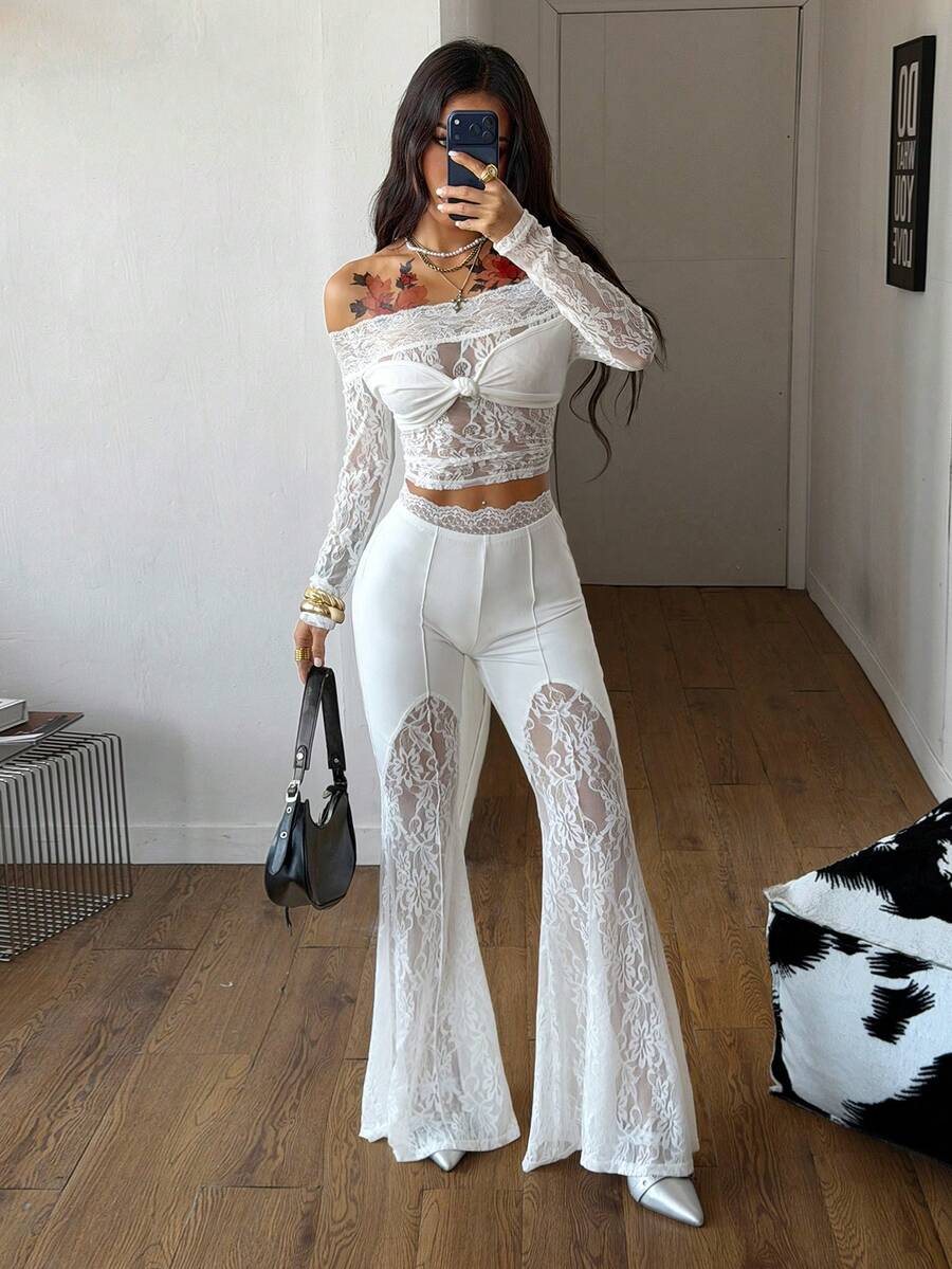 SHEIN Coolane Pantalones acampanados de encaje blanco de lujo con contraste para mujeres, pantalones sexy, leggings acampanados, pantalones de yoga, pantalones blancos, pantalones de encaje, pantalones acampanados para mujer, atuendos de verano, atuendos de vacaciones - Blanco - Ver 1