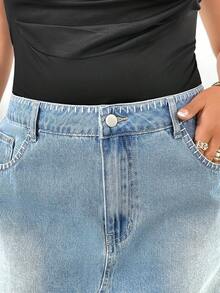 Elenzga 大码女式优雅舒适浅蓝色复古牛仔迷你裙 - 淺色水洗藍 - 查看 7