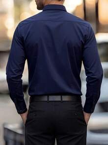 Manfinity Bizformal Áo sơ mi dài tay nam công sở dáng thường ngày, chống nhăn, có túi - Màu xanh hải quân - Xem 2