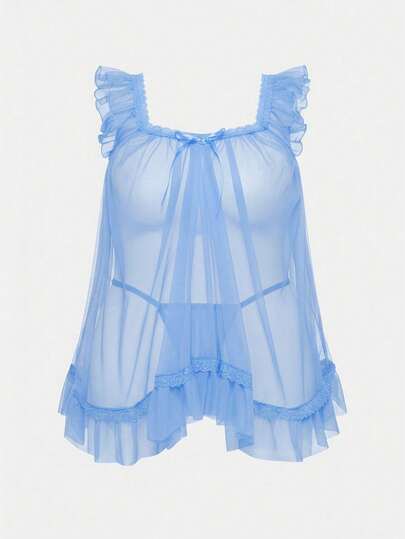 ROMWE Kawaii Plus Size Women's Sexy Sheer Babydoll Lingerie Set