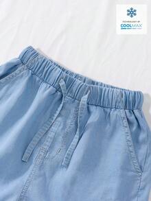 SHEIN 青少年女孩休閒淺藍色水洗牛仔彈性腰綁繩裝飾寬鬆舒適捲邊優質純棉牛仔日常基本款校園度假夏季牛仔短褲 - 淺色水洗藍 - 查看 7