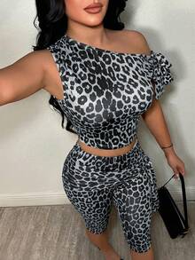 SHEIN SXY 休闲豹纹不对称系带上衣和修身七分裤套装 - 灰色 - 查看 3