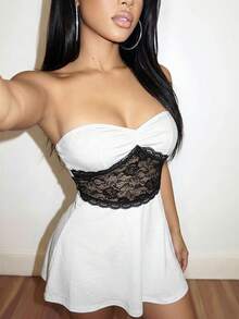 Slaydiva 新款春夏音乐节、情人节、复活节、婚礼季、假日季、海滩度假、休闲、优雅、通勤、日常穿着、工作服、度假、派对、邮轮、派对、基础款、日常约会、Y2K、性感深V领、吊带、系带、黑色蕾丝、大露背、A字连衣裙、蕾丝下摆、白色连衣裙、女士迷你连衣裙 -A - 白色 - 查看 6