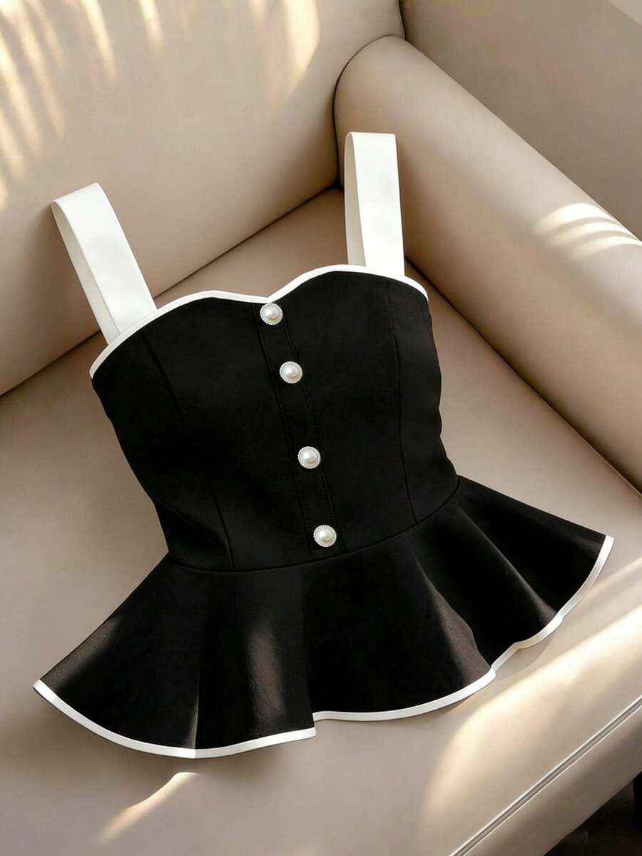 Franclia Camiseta de tirantes para mujer con ribete blanco y negro - Negro - Ver 1