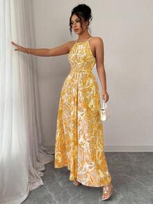 Vestido de mujer sin mangas con cuello de halter, cintura ceñida y dobladillo acampanado con estampado - Amarillo - Ver 2