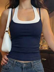 Tween Girls' Summer Casual 2 In 1 Halter Neck Camisole - Blue and White - View 4