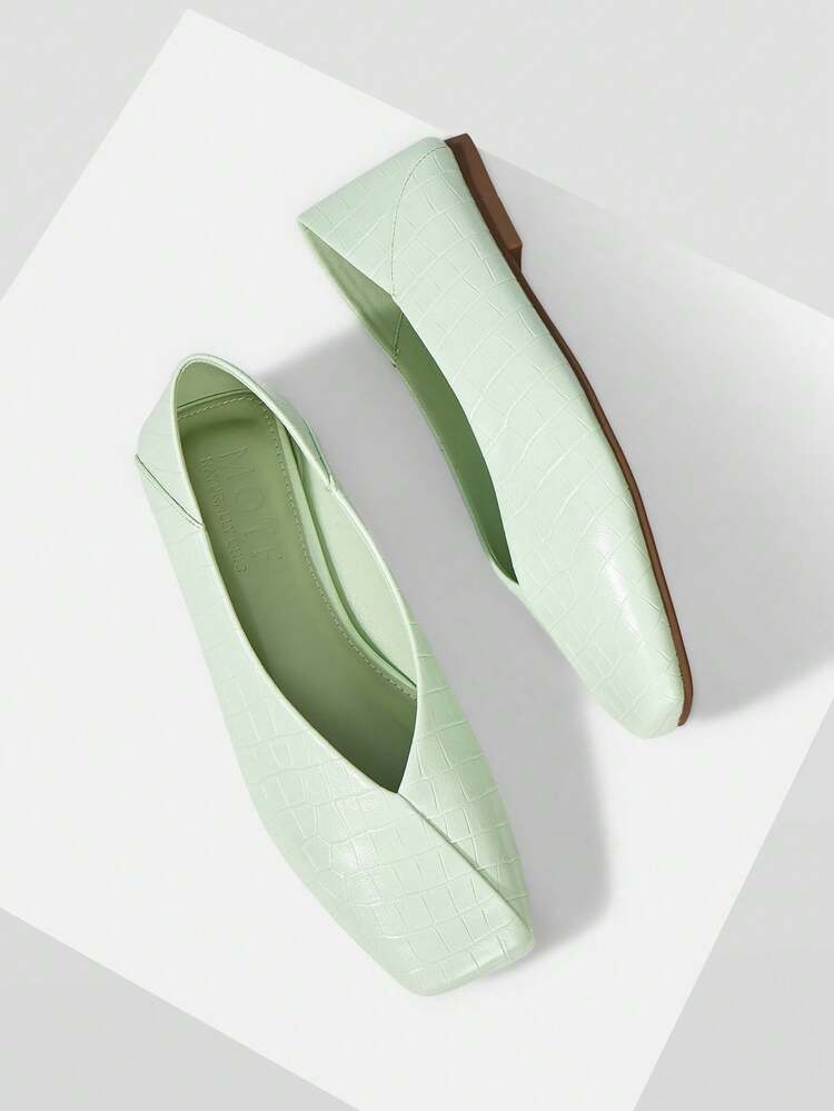 WOMEN SHOES NEW FRENCH RETRO FASHION STONE PATTERN FLAT BOTTOM SQUARE TOE V MOUTH SHOES, LIGHT GREEN SIMPLE AND VERSATILE, COMFORTABLE AND ELEGANT TEMPERAMENT, ADVANCED SENSE, SLIP-ON MARY JANE SHOES