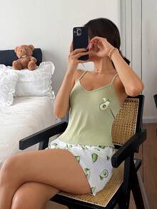 Napfluff 女士牛油果印花吊带背心短裤睡衣套装，夏季 - 綠色 - 查看 6