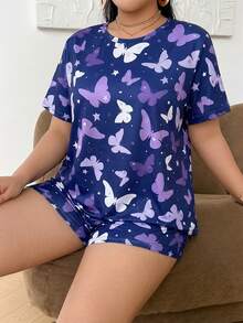 SHEIN Butterfly Print Round Neck Short Sleeve Shorts Pajama Set, Plus Size - Blue - View 5