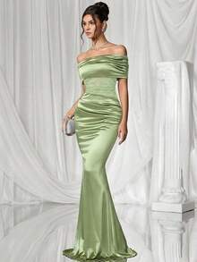 Coutiva 女士露肩褶皱撞色蕾丝鱼尾下摆正式晚礼服 - 薄荷綠 - 查看 5