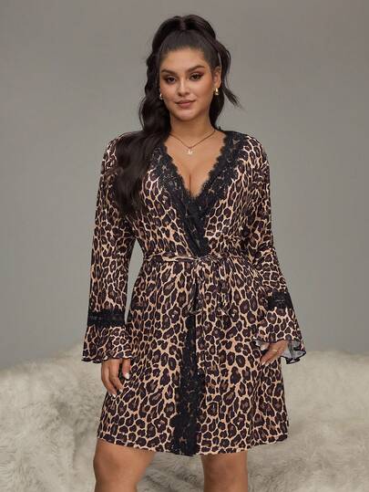 HautHeat Robe de détente décontracté avec bordure en dentelle, col V, grande taille pour femmes