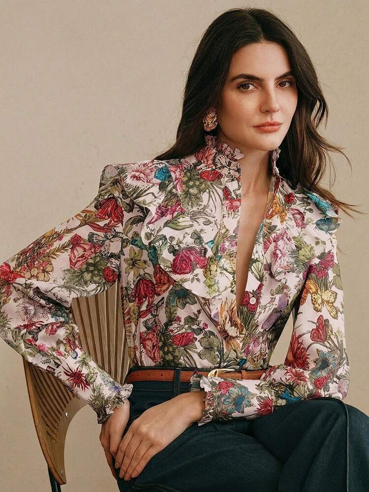 Spring/Summer New Arrival Elegant Floral & Butterfly Print Stand Collar Ruffle Trim Long Sleeve Women Blouse