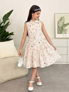 Firerie Kids Áo sơ mi cổ bẻ in họa tiết màu xanh trắng ôm dáng, thời trang thường ngày cho bé gái tuổi teen, phối vạt áo. - Nhiều màu - Xem 3