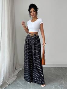 SHEIN PETITE Quần nữ ống rộng cạp cao xếp ly có túi, dáng suông, họa tiết chấm bi. - Đen và trắng - Xem 4