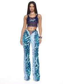 MUSERA Quần jeans ống loe phối họa tiết, buộc dây phía trước, gợi cảm, thích hợp cho mùa hè, mùa xuân, lễ hội, kỳ nghỉ, tiệc tùng, đi chơi. - Màu xanh lam - Xem 1